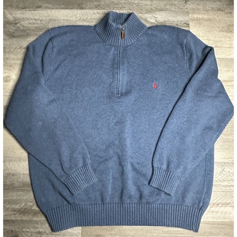 Polo Ralph Lauren Sweater Mens XXL Blue Half Zip Pullover Red Pony Cotton Casual